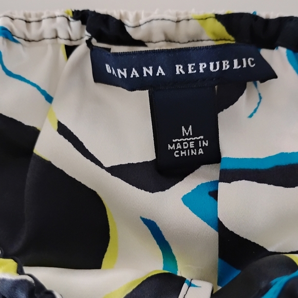 Banana Republic Silk Dress Abstract Floral Navy Blue Yellow Shift Tropical Sz M - Picture 12 of 15